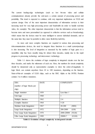 ANURAGENGINEERINGCOLLEGE
2
DEPARTMENT OF ECE
The current leading-edge technologies (such as low bit-rate video and cellular
communications) already provide the end-users a certain amount of processing power and
portability. This trend is expected to continue, with very important implications on VLSI and
systems design. One of the most important characteristics of information services is their
increasing need for very high processing power and bandwidth (in order to handle real-time
video, for example). The other important characteristic is that the information services tend to
become more and more personalized (as opposed to collective services such as broadcasting),
which means that the devices must be more intelligent to answer individual demands, and at
the same time they must be portable to allow more flexibility/mobility.
As more and more complex functions are required in various data processing and
telecommunications devices, the need to integrate these functions in a small system/package
is also increasing. The level of integration as measured by the number of logic gates in a
monolithic chip has been steadily rising for almost three decades, mainly due to the rapid
progress in processing technology and interconnect technology.
Table 1.1 shows the evolution of logic complexity in integrated circuits over the last
three decades, and marks the milestones of each era. Here, the numbers for circuit complexity
should be interpreted only as representative examples to show the order-of-magnitude. A
logic block can contain anywhere from 10 to 100 transistors, depending on the function.
State-of-the-art examples of ULSI chips, such as the DEC Alpha or the INTEL Pentium
contain 3 to 6 million transistors.
Table1.1 Evolution of logic complexity in integrated circuits
ERA
(number of logic blocks per
chip)
DATE COMPLEXITY
Single transistor 1959 Less than 1
Unit logic 1960 1
Multiple function 1962 2-4
Complex function 1964 5-20
Medium Scale Integration 1967 20-200 (MSI)
Large Scale Integration 1972 200-2000 (LSI)
Very Large Scale Integration 1978 2000-20000 (VLSI)
Ultra Large Scale Integration 1989 20000-? (ULSI)
 