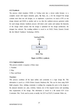 ANURAGENGINEERINGCOLLEGE
27
DEPARTMENT OF ECE
4.2.3 Synthesis
The process which translates VHDL or Verilog code into a device netlist formate. i.e a
complete circuit with logical elements( gates, flip flops, etc…) for the design.If the design
contains more than one sub designs, ex. to implement a processor, we need a CPU as one
design element and RAM as another and so on, then the synthesis process generates netlist
for each design element. Synthesis process will check code syntax and analyze the hierarchy
of the design which ensures that the design is optimized for the design architecture, the
designer has selected. The resulting netlist(s) is saved to an NGC( Native Generic Circuit)
file (for Xilinx® Synthesis Technology (XST)).
Figure 4.4 FPGA synthesis
4.2.4. Implementation
This process consists a sequence of three steps
1. Translate
2. Map
3. Place and Route
Translate:
This process combines all the input netlists and constraints to a logic design file. This
information is saved as a NGD (Native Generic Database) file. This can be done using NGD
Build program. Here, defining constraints is nothing but, assigning the ports in the design to
the physical elements (ex. pins, switches, buttons etc) of the targeted device and specifying
time requirements of the design. This information is stored in a file named UCF (User
Constraints File). Tools used to create or modify the UCF are PACE, Constraint Editor etc.
 