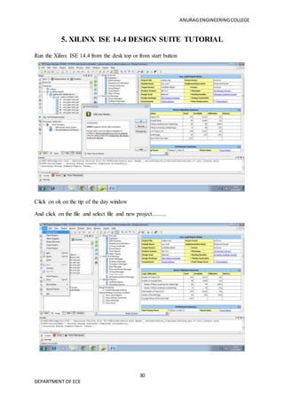 ANURAGENGINEERINGCOLLEGE
30
DEPARTMENT OF ECE
5. XILINX ISE 14.4 DESIGN SUITE TUTORIAL
Run the Xilinx ISE 14.4 from the desk top or from start button
Click on ok on the tip of the day window
And click on the file and select file and new project..........
 