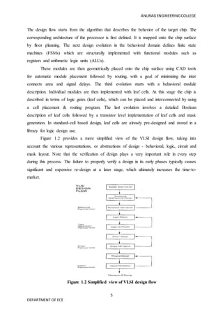 ANURAGENGINEERINGCOLLEGE
5
DEPARTMENT OF ECE
The design flow starts from the algorithm that describes the behavior of the target chip. The
corresponding architecture of the processor is first defined. It is mapped onto the chip surface
by floor planning. The next design evolution in the behavioral domain defines finite state
machines (FSMs) which are structurally implemented with functional modules such as
registers and arithmetic logic units (ALUs).
These modules are then geometrically placed onto the chip surface using CAD tools
for automatic module placement followed by routing, with a goal of minimizing the inter
connects area and signal delays. The third evolution starts with a behavioral module
description. Individual modules are then implemented with leaf cells. At this stage the chip is
described in terms of logic gates (leaf cells), which can be placed and interconnected by using
a cell placement & routing program. The last evolution involves a detailed Boolean
description of leaf cells followed by a transistor level implementation of leaf cells and mask
generation. In standard-cell based design, leaf cells are already pre-designed and stored in a
library for logic design use.
Figure 1.2 provides a more simplified view of the VLSI design flow, taking into
account the various representations, or abstractions of design - behavioral, logic, circuit and
mask layout. Note that the verification of design plays a very important role in every step
during this process. The failure to properly verify a design in its early phases typically causes
significant and expensive re-design at a later stage, which ultimately increases the time-to-
market.
Figure 1.2 Simplified view of VLSI design flow
 