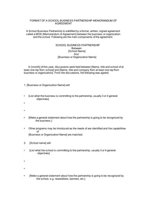 FORMAT OF A SCHOOL BUSINESS PARTNERSHIP MEMORANDUM OF
AGREEMENT
A School Business Partnership is solidified by a formal, w...
