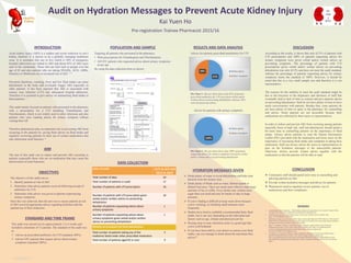 RESEARCH POSTER PRESENTATION DESIGN © 2015
www.PosterPresentations.com
Acute kidney injury (AKI) is a sudden and recent reduction in one’s
kidney function. It is known to be a globally emerging healthcare
issue. It is estimated that one in five which is 20% of emergency
hospital admissions are linked to AKI and about 65% of AKI cases
start in the community. Those who are frail such as people over the
age of 65 and also patients who are taking NSAIDs, ACEi, ARBs,
Diuretics or Metformin are at increased risk of AKI. 1, 2
Persistent diarrhoea, vomiting, fever and low fluid intake can cause
dehydration in the body and eventually trigger AKI especially in
older patients. It has been reported that AKI is associated with
urinary tract infection (UTI) and subsequent hospital admission.
Therefore it is essential to give advice on maintaining fluid intake in
these patients. 3
This audit mainly focused on patients who presented in the pharmacy
with a prescription for a UTI including Trimethoprim and
Nitrofurantoin, which is not widely used in other infections and also
patients who were wanting advice for urinary symptom without
visiting their GP.
Therefore pharmacists play an important role in preventing AKI from
occurring in the patients by; giving them advice on fluid intake and
regularly reviewing patients on their use of certain medications that
may deteriorate renal function. 4
INTRODUCTION
AIM
Targeting all patients who presented in the pharmacy:
• With prescriptions for Trimethoprim and Nitrofurantoin
• All OTC patients who requested advice about urinary symptoms
at any age
By using the data collection form as shown:
POPULATION AND SAMPLE
Advice for patients with urinary symptoms
RESULTS AND DATA ANALYSIS DISCUSSION
According to the results, it shows that only 62.5% of patients with
UTI prescriptions and 100% of patients requesting advice for
urinary symptoms were given verbal and/or written advice on
preventing symptoms. The percentage of patients with UTI
prescriptions given verbal and/or written advice on preventing
dehydration was only 62.5% and does not meet the audit standard,
whereas the percentage of patients requesting advice for urinary
symptoms meets the standard of 100%. However, it should be
noted that this is a very small sample size and therefore it is not
representative.
The reasons for the inability to meet the audit standard might be
due to the busyness in the dispensary and shortness of staff that
eventually lead to lack of time to counsel and give patients advice
on preventing dehydration. Staff do not have plenty of time to have
much conversations with patients. Besides that, some patients do
not have plenty of time to spare in the pharmacy for counselling
and advice. Some patients are not accessible because their
medications are collected by their carers or representatives.
In order to reduce and prevent AKI from occurring among patients
especially those at high risk, staff and pharmacists should spend a
bit more time in counselling patients on the importance of fluid
intake. Always advise patients to read the Patient Information
Leaflet (PIL) provided with the medication and focus more on the
importance of increasing fluid intake and compliant in taking their
medication. Staff can always advise the carers or representatives to
pass on the hydration messages to the inaccessible patients.
Otherwise, always provide written advice together with the
medication so that the patients will be able to read.
CONCLUSION
 Community staff should spend more time in counselling and
advising patients on AKI.
 Provide written hydration messages and advice for patients.
 Pharmacists need to regularly review patients’ use of
medications and their compliance.
REFERENCE
1. Acute Kidney Injury Programme – Think Kidneys [Internet]. England.nhs.uk. 2016 [cited 25 March 2016].
Available from: https://www.england.nhs.uk/patientsafety/akiprogramme/
2. Think Kidneys [Internet]. Acute Kidney Injury. 2016 [cited 26 March 2016]. Available from:
https://www.thinkkidneys.nhs.uk/aki/
3. Hydration messages to prevent acute kidney injury clinical audit [Internet]. PSNC Main site. 2016 [cited 25
March 2016]. Available from: http://psnc.org.uk/contract-it/essential-service-clinical-governance/hydration-
messages-to-prevent-acute-kidney-injury-clinical-audit/
4. Shaw S, Coleman A, Selby N. Acute kidney injury: diagnosis, staging and prevention [Internet].
Pharmaceutical Journal. 2012 [cited 2 April 2016]. Available from: http://www.pharmaceutical-
journal.com/learning/learning-article/acute-kidney-injury-diagnosis-staging-and-
prevention/11098637.article?adfesuccess=1
5. Livingstone C. Community Pharmacy Audit on Hydration Messages to Prevent Acute Kidney Injury -
[Internet]. Medicinesresources.nhs.uk. 2015 [cited 5 January 2016]. Available from:
http://www.medicinesresources.nhs.uk/en/Communities/NHS/SPS-E-and-SE-England/Meds-use-and-
safety/QIPP/Preventing/Community-Pharmacy-Audit-on-Hydration-Messages-to-Prevent-Acute-Kidney-
Injury/
The aim of this audit was to reduce and prevent AKI occurring in
patients (especially those who are on medication that may cause the
deterioration of renal function).
Pre-registration Trainee Pharmacist 2015/16
Kai Yuen Ho
Audit on Hydration Messages to Prevent Acute Kidney Injury
OBJECTIVES
The objective of this audit was to:
1. Identify patients at risk of AKI.
2. Determine what advice patients received following receipt of
antibiotics for UTI.
3. Determine what advice was given to patients experiencing
urinary symptoms.
Once this was achieved, then the aim was to ensure patients at risk
of AKI received appropriate advice regarding hydration and the
optimal use of their medicines.
STANDARD AND TIME FRAME
This audit was carried out for approximately 3 to 4 weeks and
included a minimum of 15 patients. The standard of this audit was
to:
 Advise on prescribed antibiotics for UTI (standard 100%)
 Advise OTC patients that request advice about urinary
symptoms (standard 100%)
Patients at increased risk from dehydration
Total number of patients taking any of the
medicines listed under other prescribed medication
5
Total number of patients aged 65 or over 9
Advice for patients prescribed antiobiotics for UTI
DATA COLLECTION
Dates of audit 11/1 to 4/2 and
22/2 to 26/2
Total number of days 24
Total number of patients in audit 17
Number of patients with UTI prescription 16
Number of patients with UTI prescription given
verbal and/or written advice on preventing
dehydration
10
Number of patients requesting advice about
urinary symptoms
1
Number of patients requesting advice about
urinary symptoms given verbal and/or written
advice on preventing dehydration
1
HYDRATION MESSAGES GIVEN
Pie Chart 1. This pie chart shows that 62% of patients
prescribed antibiotics for UTI were given verbal and/or
written advice on preventing dehydration, whereas 38%
were not given any advice.
Pie Chart 2. This pie chart shows that 100% of patients
requesting advice for urinary symptoms were given verbal
and/or written advice on preventing dehydration.
 Drink plenty of water to avoid dehydration and help clear
bacteria from the urinary tract.
 Drink plenty of fluids such as water, diluted squash or
diluted fruit juice. These are much more effective than large
amounts of tea or coffee. Fizzy drinks may contain more
sugar than you need and may be harder to take in large
amounts.
 If you're finding it difficult to keep water down because
you're vomiting, try drinking small amounts more
frequently.
 Studies have tried to establish a recommended daily fluid
intake, but it can vary depending on the individual and
factors such as age, climate and physical activity.
 Passing clear or near colourless urine is a good sign that
you're well hydrated.
 If you have been told by your doctor to restrict your fluid
intake, can you manage to drink about the maximum they
advise? 5
 