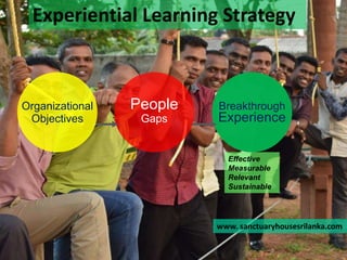 Breakthrough
Experience
People
Gaps
Organizational
Objectives
Effective
Measurable
Relevant
Sustainable
Experiential Learning Strategy
www. sanctuaryhousesrilanka.com
 