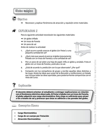 S e c c ión 1: N a t u r a l e z a e léc t r i c a de l o s m a t e r i a l e s 
23 
Globo mágico 
 Objetivo 
✒ Reconocer y explicar fenómenos de atracción y repulsión entre materiales. 
 Exploración 2 
Para la siguiente actividad necesitarán los siguientes materiales: 
✒ Un globo inflado 
✒ Un trozo de franela 
✒ Un poco de sal 
Antes de realizar la actividad: 
1. ¿Qué ocurre cuando acercas el globo (sin frotar) a una 
pequeña cantidad de sal? 
2. ¿Qué crees que pasará al acercar el globo (previamente 
frotado con un trozo de franela) a una cantidad de sal? 
3. Pon un poco de sal sobre una hoja de papel. Infla un globo y anúdalo. Frota el 
globo con un trozo de franela y acércalo a la sal. 
4. ¿Está de acuerdo tu predicción con lo que observaste? ¿Por qué? 
5. Comparte con tus compañeros de grupo y escribe aquellas ideas distintas a 
las tuyas. Anota las ideas que surjan de la discusión y confeccionen un listado 
que incluya todas las ideas aportadas, para posteriormente compartirlas con el 
resto del curso. 
 Explicación 
El docente deberá orientar al estudiante a entregar explicaciones en relación 
con el fenómeno eléctrico observado. Al frotar el globo con un trozo de franela, 
el globo adquirió una carga electrostática. Esta carga es suficiente para atraer 
a los cristales de sal y provocar que éstas se adhieran a las paredes del globo. 
 Conceptos Claves 
• Carga Electrostática 
• Carga de un cuerpo por frotación 
• Atracción Electrostática 
 
