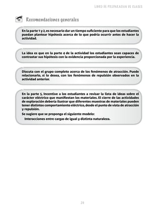 24 
LIBRO DE PREPARACIÓN DE CLASES 
 Recomendaciones generales 
En la parte 1 y 2, es necesario dar un tiempo suficiente para que los estudiantes 
puedan plantear hipótesis acerca de lo que podría ocurrir antes de hacer la 
actividad. 
La idea es que en la parte 4 de la actividad los estudiantes sean capaces de 
contrastar sus hipótesis con la evidencia proporcionada por la experiencia. 
Discuta con el grupo completo acerca de los fenómenos de atracción. Puede 
relacionarlo, si lo desea, con los fenómenos de repulsión observados en la 
actividad anterior. 
En la parte 5, Incentive a los estudiantes a revisar la lista de ideas sobre el 
carácter eléctrico que manifiestan los materiales. El cierre de las actividades 
de exploración debería ilustrar que diferentes muestras de materiales pueden 
tener distintos comportamiento eléctrico, desde el punto de vista de atracción 
y repulsión. 
Se sugiere que se proponga el siguiente modelo: 
Interacciones entre cargas de igual y distinta naturaleza. 
 