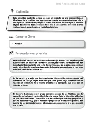 28 
LIBRO DE PREPARACIÓN DE CLASES 
 Explicación 
Esta actividad sustenta la idea de que un modelo es una representación 
idealizada de la realidad que solo tiene en cuenta algunos atributos de ella y 
que ayuda a comprender y explicar como funcionan. Se distingue el modelo 
objeto del modelo teórico haciéndoles ver a los alumnos que una misma 
realidad puede describirse por modelos distintos. 
 Conceptos Claves 
• Modelo 
 Recomendaciones generales 
Esta actividad, parte 2, se realiza usando una caja forrada con papel negro la 
cual contiene un objeto en su interior. Este objeto debería ser reconocido por 
los estudiantes mediante una serie de movimientos de la caja que permitan 
poder identificarlo, por ejemplo un auto de juguete que rueda por la caja o un 
dado que tiene forma cúbica, etc. 
En la parte 3 y 4, deje que los estudiantes discutan libremente acerca del 
contenido de la caja negra. Una vez que cada grupo haya consensuado en 
relación al contenido de la misma prepárelos a compartir sus ideas con el 
resto de la clase. 
En la parte 6, discuta con el grupo completo acerca de las hipótesis que le 
permitieron indicar el contenido de la caja negra. Guíe la discusión al hecho 
de que la materia esta constituida por partículas que son muy pequeñas y 
que no podemos ver, y que es necesario proponer un modelo que permita dar 
cuenta de los comportamientos observados, análogamente a lo que ocurrió 
con la caja. 
 