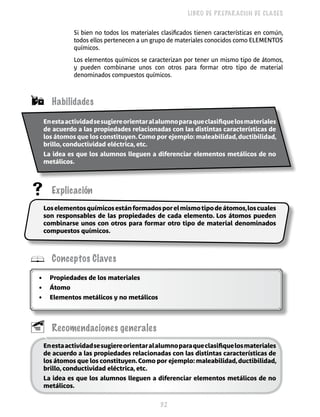 32 
LIBRO DE PREPARACIÓN DE CLASES 
Si bien no todos los materiales clasificados tienen características en común, 
todos ellos pertenecen a un grupo de materiales conocidos como ELEMENTOS 
químicos. 
Los elementos químicos se caracterizan por tener un mismo tipo de átomos, 
y pueden combinarse unos con otros para formar otro tipo de material 
denominados compuestos químicos. 
 Habilidades 
En esta actividad se sugiere orientar al alumno para que clasifique los materiales 
de acuerdo a las propiedades relacionadas con las distintas características de 
los átomos que los constituyen. Como por ejemplo: maleabilidad, ductibilidad, 
brillo, conductividad eléctrica, etc. 
La idea es que los alumnos lleguen a diferenciar elementos metálicos de no 
metálicos. 
 Explicación 
Los elementos químicos están formados por el mismo tipo de átomos, los cuales 
son responsables de las propiedades de cada elemento. Los átomos pueden 
combinarse unos con otros para formar otro tipo de material denominados 
compuestos químicos. 
 Conceptos Claves 
• Propiedades de los materiales 
• Átomo 
• Elementos metálicos y no metálicos 
 Recomendaciones generales 
En esta actividad se sugiere orientar al alumno para que clasifique los materiales 
de acuerdo a las propiedades relacionadas con las distintas características de 
los átomos que los constituyen. Como por ejemplo: maleabilidad, ductibilidad, 
brillo, conductividad eléctrica, etc. 
La idea es que los alumnos lleguen a diferenciar elementos metálicos de no 
metálicos. 
 