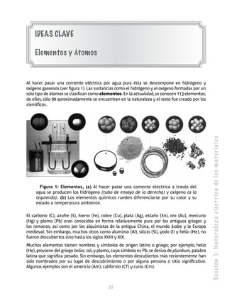 S e c c ión 1: N a t u r a l e z a e léc t r i c a de l o s m a t e r i a l e s 
35 
IDEAS CLAVE 
Elementos y Átomos 
Al hacer pasar una corriente eléctrica por agua pura ésta se descompone en hidró­geno 
y 
oxígeno gaseosos (ver figura 1). Las sustancias como el hidrógeno y el oxí­geno 
formadas por un 
solo tipo de átomos se clasifican como elementos. En la actualidad, se conocen 113 elementos; 
de ellos, sólo 90 aproxima­damente 
se encuentran en la naturaleza y el resto fue creado por los 
científicos. 
Figura 1: Elementos, (a) Al hacer pasar una comente eléctrica a través del 
agua se producen los hidrógeno (tubo de ensayo de la derecha) y oxígeno (a la 
izquierda), (b) Los elementos químicos rueden diferenciarse por su color y su 
estado a temperatura ambiente. 
El carbono (C), azufre (S), hierro (Fe), cobre (Cu), plata (Ag), estaño (Sn), oro (Au), mercurio 
(Hg) y plomo (Pb) eran conocidos en forma relativamente pura por los antiguos griegos y 
los romanos, así como por los alquimistas de la antigua Chi­na, 
el mundo árabe y la Europa 
medieval. Sin embargo, muchos otros como alumi­nio 
(Al), silicio (Si), yodo (I) y helio (He), no 
fueron descubiertos sino hasta los si­glos 
XVIII y XIX. 
Muchos elementos tienen nombres y símbolos de origen latino o griego; por ejemplo, helio 
(He), proviene del griego helios, sol, y plomo, cuyo símbolo es Pb, se deriva de plumbum, palabra 
latina que significa pesado. Sin embargo, los elemen­tos 
descubiertos más recientemente han 
sido nombrados por su lugar de descubri­miento 
o por alguna persona o sitio significativo. 
Algunos ejemplos son el ameri­cio 
(Am), californio (Cf) y curio (Cm). 
 