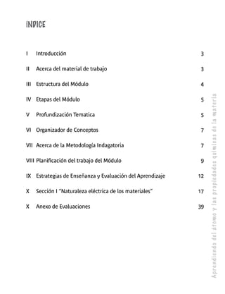 Ap re n d i e n d o de l át o m o y l a s p r o p i e d a de s q uím i c a s de l a m a t e r i a 
ÍNDICE 
I Introducción 3 
II Acerca del material de trabajo 3 
III Estructura del Módulo 4 
IV Etapas del Módulo 5 
V Profundización Tematica 5 
VI Organizador de Conceptos 7 
VII Acerca de la Metodología Indagatoria 7 
VIII Planificación del trabajo del Módulo 9 
IX Estrategias de Enseñanza y Evaluación del Aprendizaje 12 
X Sección I “Naturaleza eléctrica de los materiales” 17 
X Anexo de Evaluaciones 39 
 