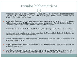 Estudos bibliométricos
9
 PESQUISA SOBRE O ORÇAMENTO NA ESPANHA: UM ESTUDO BIBLIOMETRICO
DAS PUBLICAÇÕES EM CONTABILIDADE - Rogério João Lunkes, Vicente Mateo
Ripoll Feliu, Fabricia Silva Rosa
 A PRODUÇÃO CIENTÍFICA DO BRASIL, DA ESPANHA E DE PORTUGAL: análise
bibliométrica na área de Matemática no período 2001-2010 - Renata Cristina Gutierres
Castanha, Carla Mara Hilário, Maria Cláudia Cabrini Grácio
 Análisis bibliométrico de la Revista Medicina y Cine (2005-2008) - María Cristina Tarrés
 Indicadores da evolução da produção científica da Universidade Federal da Bahia: um
estudo bibliométrico na Web of Science
 Estudo bibliométrico das publicações da Universidade Nova de Lisboa indexadas à Web
of Science (2004-2010)
 Estudo Bibliométrico da Produção Científica em Pinhão-Manso, no Web Of Science, no
período de 1945 a 2011
 GESTÃO DA CADEIA DE SUPRIMENTOS E SUSTENTABILIDADE: UM ESTUDO
BIBLIOMÉTRICO DA PRODUÇÃO CIENTÍFICA NA BASE WEB OF SCIENCE - 2013
 