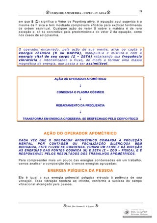 CURSO DE APOMETRIA – CEPEC – 2a
. AULA
 Biól. Dra. Rosana G. N. Loyola 
24
em que S () significa o Vetor de Poynting ativo. A equação aqui sugerida é a
mesma da Física e tem mostrado comprovada eficácia para explicar fenômenos
de ordem espiritual. Qualquer ação do vetor S sobre a matéria é de rara
exceção e, só se concretiza pela predominância do vetor Z da equação, como
nos casos de ectoplasmia.
O operador encarnado, pela ação de sua mente, atrai ou capta a
energia cósmica (K ou KAPPA), manipula-a e mistura-a com a
energia vital de seu corpo (Z – ZETA) rebaixando sua frequência
vibratória e intensificando o fluxo, de modo a formar uma massa
magnética de energia, que passa a ser assimilável.
AÇÃO DO OPERADOR APOMÉTRICO

CONDENSA O PLASMA CÓSMICO

REBAIXAMENTO DA FREQUENCIA

TRANSFORMA EM ENERGIA GROSSEIRA, SE DESFECHADO PELO CORPO FÍSICO
AÇÃO DO OPERADOR APOMÉTRICO
CADA VEZ QUE O OPERADOR APOMÉTRICO COMANDA A PROJEÇÃO
MENTAL, POR CONTAGEM OU FOCALIZAÇÃO SILENCIOSA BEM
DIRIGAIDA, ESTE FLUXO SE CONDENSA, FORMA UM FEIXE E DÁ DIREÇÃO
ÀS ENERGIAS DAS FONTES CÓSMICA (K) E ZETA (Z – ZOO – FÍSICA), E É
RESPONSÁVEL PELOS RESULTADOS DOS TRABALHOS APOMÉTRICOS.
Para compreender mais um pouco das energias condensadas em um trabalho,
vamos analisar a composição das diversas energias agrupadas:
ENERGIA PSÍQUICA DA PESSOA
Ela é igual a sua energia potencial psíquica elevada à potência de sua
vibração. Essa vibração tenderá ao infinito, conforme a sutileza do campo
vibracional alcançado pela pessoa.
 