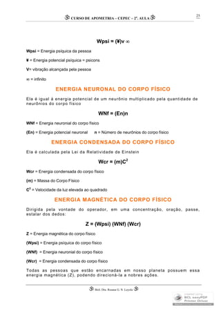 CURSO DE APOMETRIA – CEPEC – 2a
. AULA
 Biól. Dra. Rosana G. N. Loyola 
25
Wpsi = (¥)v 
Wpsi = Energia psíquica da pessoa
¥ = Energia potencial psíquica = psicons
V= vibração alcançada pela pessoa
 = infinito
ENERGIA NEURONAL DO CORPO FÍSICO
Ela é igual á energia potencial de um neurônio multiplicado pela quantidade de
neurônios do corpo físico
WNf = (En)n
WNf = Energia neuronial do corpo físico
(En) = Energia potencial neuronal n = Número de neurônios do corpo físico
ENERGIA CONDENSADA DO CORPO FÍSICO
Ela é calculada pela Lei da Relatividade de Einstein
Wcr = (m)C2
Wcr = Energia condensada do corpo físico
(m) = Massa do Corpo Físico
C2
= Velocidade da luz elevada ao quadrado
ENERGIA MAGNÉTICA DO CORPO FÍSICO
Dirigida pela vontade do operador, em uma concentração, oração, passe,
estalar dos dedos:
Z = (Wpsi) (WNf) (Wcr)
Z = Energia magnética do corpo físico
(Wpsi) = Energia psíquica do corpo físico
(WNf) = Energia neuronial do corpo físico
(Wcr) = Energia condensada do corpo físico
Todas as pessoas que estão encarnadas em nosso planeta possuem essa
energia magnética (Z), podendo direcioná-la a nobres ações.
 