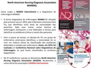 Como surgiu a NANDA International e o diagnóstico de
enfermagem NANDA?
• O termo diagnóstico de enfermagem NANDA foi utilizado
pela primeira vez em 1953, pela enfermeira americana Vera
Fry, que identificou cinco áreas de necessidades dos
pacientes. Após esse marco, outras teóricas de
enfermagem começaram a criar definições e termos para
identificar os problemas clínicos e sociais dos pacientes.
• Com o passar do tempo, na década de 70, um grupo de
enfermeiras americanas identificou a necessidade de se
criar um sistema oficial de classificação dos problemas
detectados e tratados por enfermeiros. Assim, em 1973, foi
realizada a I Conferência Nacional sobre Diagnósticos de
Enfermagem, na qual foram classificados os primeiros
diagnósticos.
• Na 5ª conferência, o grupo se denominou North American
Nursing Diagnosis Association (NANDA). Atualmente, o
nome oficial da associação é NANDA Internacional.
North American Nursing Diagnosis Association
(NANDA).
 