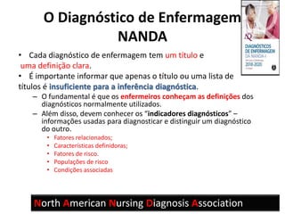O Diagnóstico de Enfermagem
NANDA
• Cada diagnóstico de enfermagem tem um título e
uma definição clara.
• É importante informar que apenas o título ou uma lista de
títulos é insuficiente para a inferência diagnóstica.
– O fundamental é que os enfermeiros conheçam as definições dos
diagnósticos normalmente utilizados.
– Além disso, devem conhecer os “indicadores diagnósticos” –
informações usadas para diagnosticar e distinguir um diagnóstico
do outro.
• Fatores relacionados;
• Características definidoras;
• Fatores de risco.
• Populações de risco
• Condições associadas
North American Nursing Diagnosis Association
 