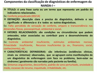 Componentes da classificação de diagnósticos de enfermagem da
NANDA-I –
 TÍTULO: é uma frase curta ou um termo que representa um padrão de
indicadores relacionados.
Ex: Conforto prejudicado (00214)
 DEFINIÇÃO: descrição clara e precisa do diagnóstico, delineia o seu
significado e diferencia-o d e todos os outros diagnósticos.
Ex: Falta percebida de sensação de conforto, amparo e transcendência nas
dimensões físicas, psicoespiritual, ambiental e social.
 FATORES RELACIONADOS: são condições ou circunstâncias que podem
anteceder, estar associadas ou contribuir para o desenvolvimento do
diagnóstico.
Ex: Controle ambiental insuficiente, estímulos ambientais nocivos,
Privacidade insuficiente, Recursos insuficientes (p. ex., financeiro, social,
conhecimento), etc.
 CARACTERÍSTICAS DEFINIDORAS: são inferências (evidências clínicas,
sinais ou sintomas) observadas, que se agrupam como manifestações de
um diagnóstico de enfermagem com foco no problema, bem-estar ou
síndrome ( geralmente são narradas pelo paciente ou família).
Ex: Sintomas angustiantes, desconforto, padrão de sono perturbado, ansiedade e
medo, escassez de recurso, inquietude, irritabilidade, etc.
 