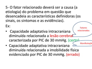 5- O fator relacionado deverá ser a causa (a
etiologia) do problema em questão que
desencadeia as características definidoras (os
sinais, os sintomas e as evidências).
Ex:
• Capacidade adaptativa intracraniana
diminuída relacionada a lesão cerebral
caracterizada por PIC de 30 mmHg. (certo)
• Capacidade adaptativa intracraniana
diminuída relacionada a imobilidade física
evidenciado por PIC de 30 mmHg. (errado)
Fatores
relacionados
Manifestação
 
