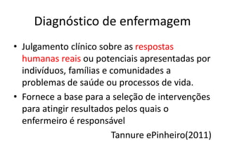 Diagnóstico de enfermagem
• Julgamento clínico sobre as respostas
humanas reais ou potenciais apresentadas por
indivíduos, famílias e comunidades a
problemas de saúde ou processos de vida.
• Fornece a base para a seleção de intervenções
para atingir resultados pelos quais o
enfermeiro é responsável
Tannure ePinheiro(2011)
 