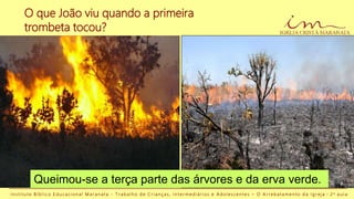 O que João viu quando a primeira
trombeta tocou?
I n s t i t u t o B í b l i c o E d u c a c i o n a l M a r a n a t a - T r a b a l h o d e C r i a n ç a s , I n t e r m e d i á r i o s e A d o l e s c e n t e s – O A r r e b a t a m e n t o d a I g r e j a - 2 a a u l a
Queimou-se a terça parte das árvores e da erva verde.
 