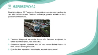 REFERENCIAL
Situação-problema 02: Trevisano e Artur estão em um trem em movimento,
com velocidade constante. Trevisano está em pé, parado, ao lado de Artur,
que se encontra sentado.
1) Trevisano deixou cair seu celular de sua mão. Descreva a trajetória do
celular durante a queda, vista pelo Artur.
2) Descreva a trajetória do celular vista por uma pessoa do lado de fora do
trem, parada em relação ao solo.
3) Qual das duas trajetórias é a verdadeira, a que de fato ocorreu?
 