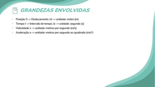 GRANDEZAS ENVOLVIDAS
• Posição S -> Deslocamento ∆𝐒𝐒 -> unidade: metro (m)
• Tempo t -> Intervalo de tempo ∆𝐭𝐭 –> unidade: segundo (s)
• Velocidade v -> unidade: metros por segundo (m/s)
• Aceleração a -> unidade: metros por segundo ao quadrado (m/s2)
 
