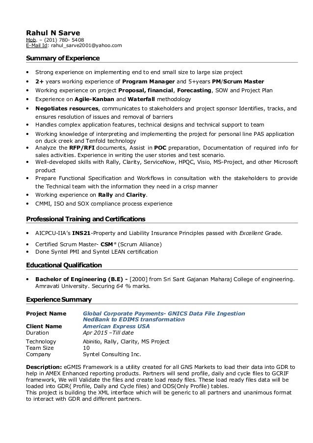 Project manager mainframe resume