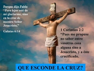 Porque dijo Pablo  “Pero lejos esté de mí gloriarme, sino en la cruz de nuestro Señor Jesucristo,” Galatas 6:14 QUE ESCONDE LA CRUZ? 1 Corintios 2:2 “Pues me propuse no saber entre vosotros cosa alguna sino a Jesucristo, y a éste crucificado. 