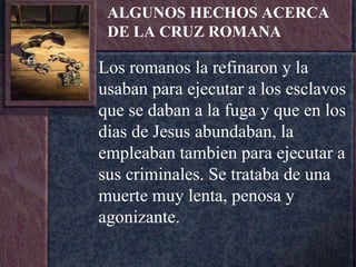 Los romanos la refinaron y la usaban para ejecutar a los esclavos que se daban a la fuga y que en los dias de Jesus abundaban, la empleaban tambien para ejecutar a sus criminales. Se trataba de una muerte muy lenta, penosa y agonizante. ALGUNOS HECHOS ACERCA DE LA CRUZ ROMANA  