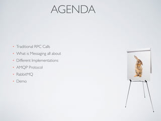 AGENDA
• Traditional RPC Calls
• What is Messaging all about
• Different Implementations
• AMQP Protocol
• RabbitMQ
• Demo
 