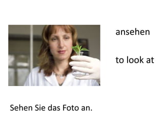 ansehen 
to look at 
Sehen Sie das Foto an. 
 