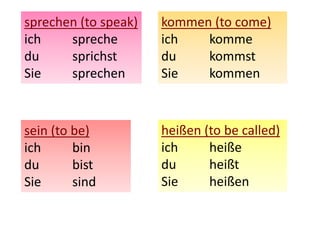 sprechen (to speak) 
ich spreche 
du sprichst 
Sie sprechen 
kommen (to come) 
ich komme 
du kommst 
Sie kommen 
sein (to be) 
ich bin 
du bist 
Sie sind 
heißen (to be called) 
ich heiße 
du heißt 
Sie heißen 
 
