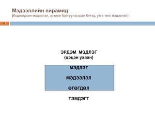 Мэдээллийн пирамид ( Кодлогдсон мэдээлэл ,  зохион байгуулагдсан бүтэц ,  утга төгс мэдээлэл ) ЭРДЭМ  МЭДЛЭГ  ( цэцэн ухаан ) МЭДЛЭГ МЭДЭЭЛЭЛ ӨГӨГДӨЛ ТЭМДЭГТ 