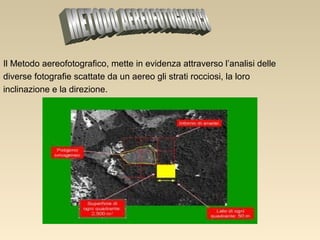 Il Metodo aereofotografico, mette in evidenza attraverso l’analisi delle
diverse fotografie scattate da un aereo gli strati rocciosi, la loro
inclinazione e la direzione.

 