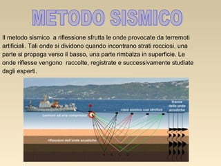 Il metodo sismico a riflessione sfrutta le onde provocate da terremoti
artificiali. Tali onde si dividono quando incontrano strati rocciosi, una
parte si propaga verso il basso, una parte rimbalza in superficie. Le
onde riflesse vengono raccolte, registrate e successivamente studiate
dagli esperti.

 