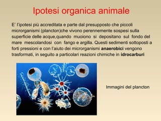 Ipotesi organica animale
E’ l’ipotesi più accreditata e parte dal presupposto che piccoli
microrganismi (plancton)che vivono perennemente sospesi sulla
superficie delle acque,quando muoiono si depositano sul fondo del
mare mescolandosi con fango e argilla. Questi sedimenti sottoposti a
forti pressioni e con l’aiuto dei microrganismi anaerobici vengono
trasformati, in seguito a particolari reazioni chimiche in idrocarburi

Immagini del plancton

 
