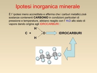 Ipotesi inorganica minerale
È l’ ipotesi meno accreditata e afferma che i carburi metallici,cioè
sostanze contenenti CARBONIO in condizioni particolari di
pressione e temperature, abbiano reagito con l’ H2O allo stato di
vapore dando origine agli IDROCARBURI :

H
C +

O
H

IDROCARBURI

 