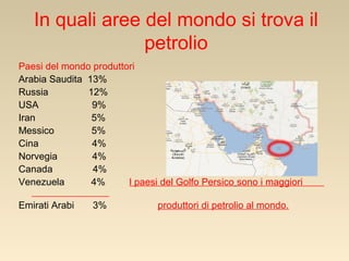 In quali aree del mondo si trova il
petrolio
Paesi del mondo produttori
Arabia Saudita 13%
Russia
12%
USA
9%
Iran
5%
Messico
5%
Cina
4%
Norvegia
4%
Canada
4%
Venezuela
4%
l paesi del Golfo Persico sono i maggiori
Emirati Arabi

3%

produttori di petrolio al mondo.

 