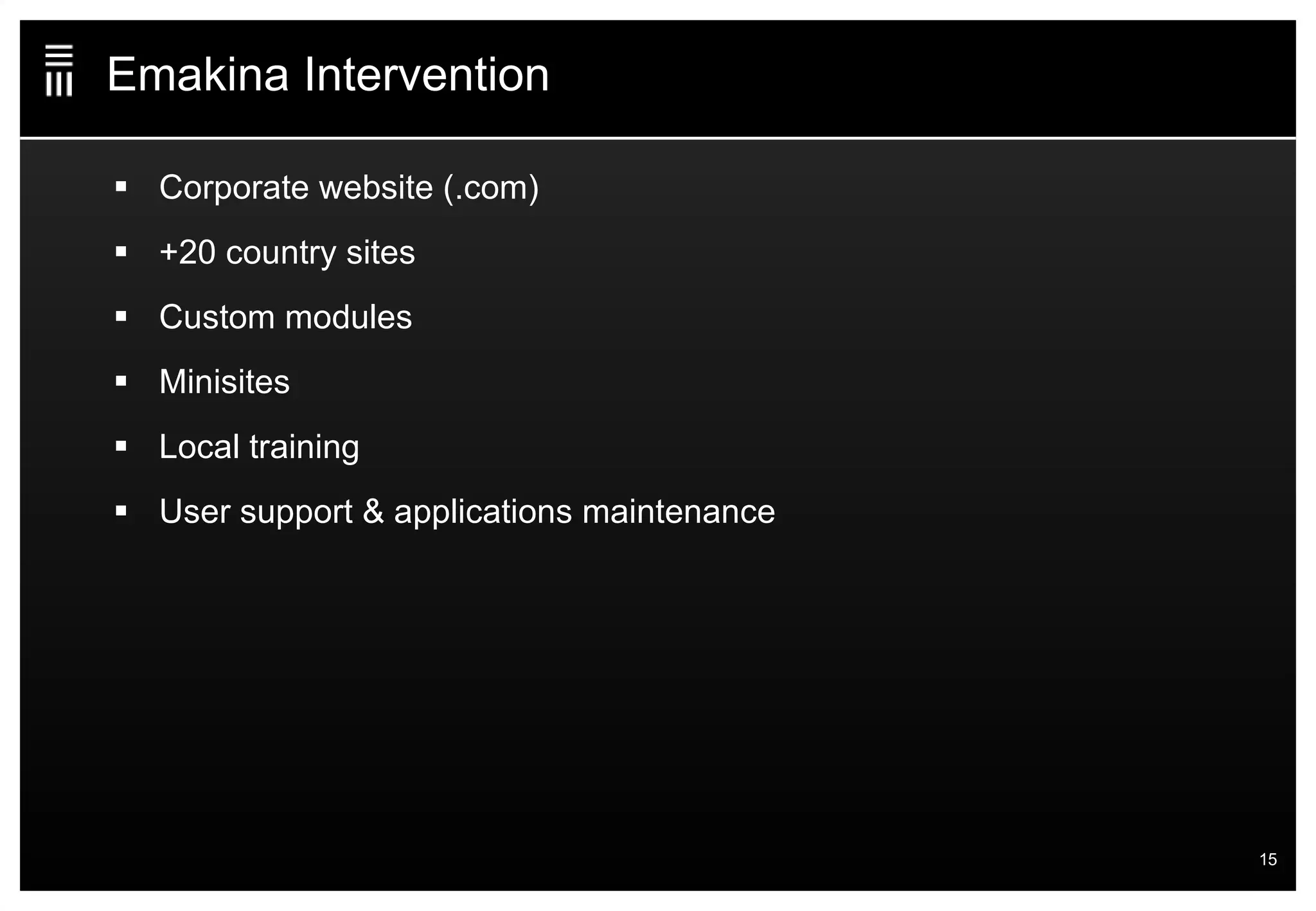 Emakina Intervention Corporate website (.com) +20 country sites Custom modules Minisites Local training User support & applications maintenance 