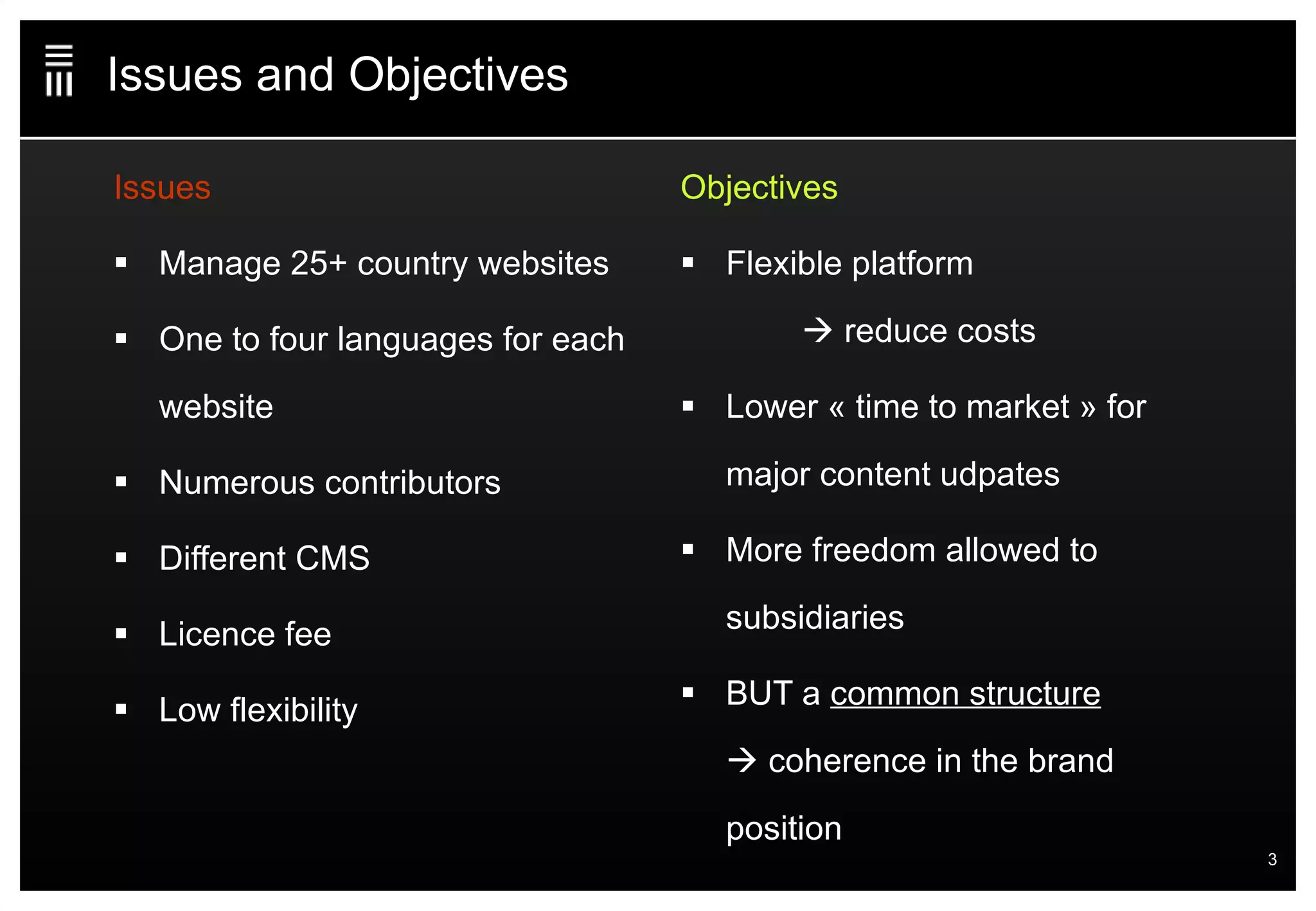 Issues and Objectives Issues Manage 25+ country websites One to four languages for each website Numerous contributors Different CMS Licence fee Low flexibility  Objectives Flexible platform   reduce costs Lower « time to market » for major content udpates More freedom allowed to subsidiaries BUT a  common structure   coherence in the brand position 