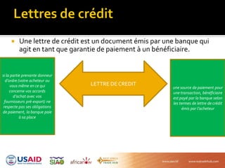  Une lettre de crédit est un document émis par une banque qui
agit en tant que garantie de paiement à un bénéficiaire.
LETTRE DE CREDIT
si la partie prenante donneur
d’ordre (votre acheteur ou
vous même en ce qui
concerne vos accords
d’achat avec vos
fournisseurs pré-export) ne
respecte pas ses obligations
de paiement, la banque paie
à sa place
une source de paiement pour
une transaction, bénéficiaire
est payé par la banque selon
les termes de lettre de crédit
émis par l’acheteur
 