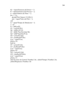 260
Ks = input('Ganancia del Sensor = ');
K = input('Ganancia del Proceso = ');
n = input('Numero de Polos = ');
for i = 1:n
fprintf('Polo Numero %1.0fn',i)
p(i) = input('Valor del Polo = ');
end
to = input('Tiempo de Simulacion = ');
z = [];
G = zpk(z,p,K);
G1 = series(G,Kv);
Gp = tf([Kc],[0 1]);
Gi = tf([Kc*taui Kc],[taui 0]);
Gd = tf([K*taud K],[0 1]);
FP = series(G1,Gp);
CP = feedback(FP,Ks);
[y,t] = step(CP,to);
plot(t,y,'b')
hold on
FI = series(G1,Gi);
CI = feedback(FI,Ks);
[y,t] = step(CI,to);
plot(t,y,'k')
FD = series(G1,Gd);
CD = feedback(FD,Ks);
[y,t] = step(CD,to);
plot(t,y,'r')
title('Acciones de Control','FontSize',14), xlabel('Tiempo','FontSize',14),
ylabel('Respuesta','FontSize',14)
 
