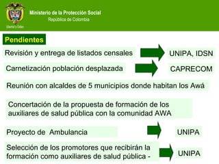 Ministerio de la Protección Social
República de Colombia
Selección de los promotores que recibirán la
formación como auxiliares de salud pública -
Pendientes
UNIPA, IDSN
CAPRECOM
UNIPA
UNIPA
Revisión y entrega de listados censales
Carnetización población desplazada
Reunión con alcaldes de 5 municipios donde habitan los Awá
Proyecto de Ambulancia
Concertación de la propuesta de formación de los
auxiliares de salud pública con la comunidad AWA
 