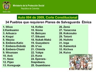 Ministerio de la Protección Social
República de Colombia
34 Pueblos que requieren Planes de Salvaguarda Étnica
Auto 004 de 2009, Corte Constitucional
 