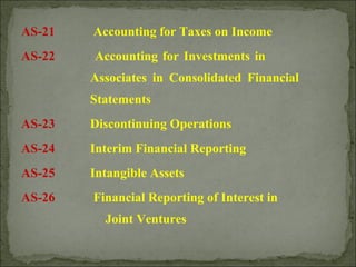 AS-21 Accounting for Taxes on Income
AS-22 Accounting for Investments in
Associates in Consolidated Financial
Statements
AS-23 Discontinuing Operations
AS-24 Interim Financial Reporting
AS-25 Intangible Assets
AS-26 Financial Reporting of Interest in
Joint Ventures
 