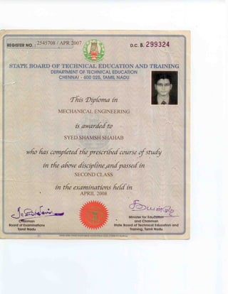 Attested Diploma Certificate - Syed Shamsh Shahab