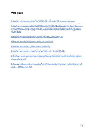 Webgrafía
https://es.wikipedia.org/wiki/Dur%C3%A1n_(Ecuador)#Parroquias_urbanas 
https://www.ecured.cu/Cant%C3%B3n_Dur%C3%A1n_(Ecuador)#:~:text=Gastrono
m%C3%ADa-,Comidas%20T%C3%ADpicas,caracteriza%20es%20la%20sabrosa
%20fritada​. 
https://es.wikipedia.org/wiki/Cant%C3%B3n_Dur%C3%A1n 
https://es.wikipedia.org/wiki/Sharon_la_Hechicera 
https://es.wikipedia.org/wiki/Jacinta_Sandiford 
https://es.wikipedia.org/wiki/Anexo:Alcaldes_de_Dur%C3%A1n 
https://www.goraymi.com/es-ec/guayas/duran/malecones-muelles/malecon-canton-
duran-a9dvtpakb 
http://www.duran.gob.ec/municipio/inicio/index.php?option=com_content&view=arti
cle&id=104&Itemid=777 
  
 
10
 