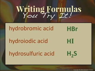 hydrobromic acid
hydroiodic acid
hydrosulfuric acid
HBr
HI
H2S
 