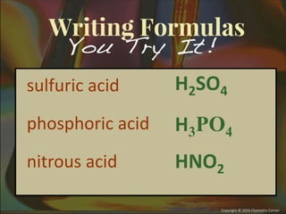 sulfuric acid
phosphoric acid
nitrous acid
H2SO4
H3PO4
HNO2
 