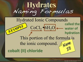 Hydrated Ionic Compounds
CoCl2 6H2O
This portion of the formula is
the ionic compound.
cobalt (II) chloride
called the
water of
hydration
 