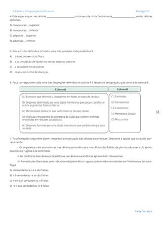 A Célula – Composição e Estrutura Biologia 10
Carla Carrasco
12
4. É de esperar que, nas células _______________________, o número de mitocôndrias seja ___________________ ao das células
epiteliais.
A) musculares … superior
B) musculares … inferior
C) adiposas … superior
D) adiposas … inferior
5. Nos estudos referidos no texto, uma das variáveis independentes é …
A) … a taxa de exercício físico.
B) … a acumulação de lípidos no tecido adiposo visceral.
C) … a atividade mitocondrial.
D) … o aparecimento de doenças.
6. Faça corresponder cada uma das descrições referidas na coluna A à respetiva designação, que consta da coluna B.
7. As afirmações seguintes dizem respeito à constituição das células eucarióticas. Selecione a opção que as avalia cor-
retamente.
I. Os organelos mais abundantes nas células pancreáticas e nas células das folhas de plantas são o retículo endo-
plasmático rugoso e os centríolos.
II. Ao contrário das células procarióticas, as células eucarióticas apresentam ribossomas.
III. As vesículas libertadas pelo retículo endoplasmático rugoso podem estar envolvidas em fenómenos de auto-
fagia.
A) III é verdadeira; I e II são falsas.
B) II é verdadeira; I e III são falsas.
C) II e III são verdadeiras; I é falsa.
D) I e II são verdadeiras; III é falsa.
 