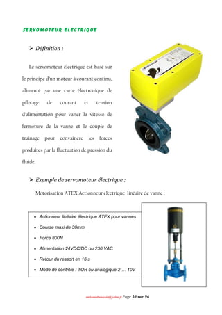 mmoohhaammeeddbboouuaacciiddaa@@yyaahhoooo..ffrr Page 30 sur 96
Servomoteur ELECTRIQUE
 Définition :
Le servomoteur électrique est basé sur
le principe d’un moteur à courant continu,
alimenté par une carte électronique de
pilotage de courant et tension
d’alimentation pour varier la vitesse de
fermeture de la vanne et le couple de
trainage pour convaincre les forces
produites par la fluctuation de pression du
fluide.
 Exemple de servomoteur électrique :
Motorisation ATEX Actionneur électrique linéaire de vanne :
 Actionneur linéaire électrique ATEX pour vannes
 Course maxi de 30mm
 Force 800N
 Alimentation 24VDC/DC ou 230 VAC
 Retour du ressort en 16 s
 Mode de contrôle : TOR ou analogique 2 … 10V
 